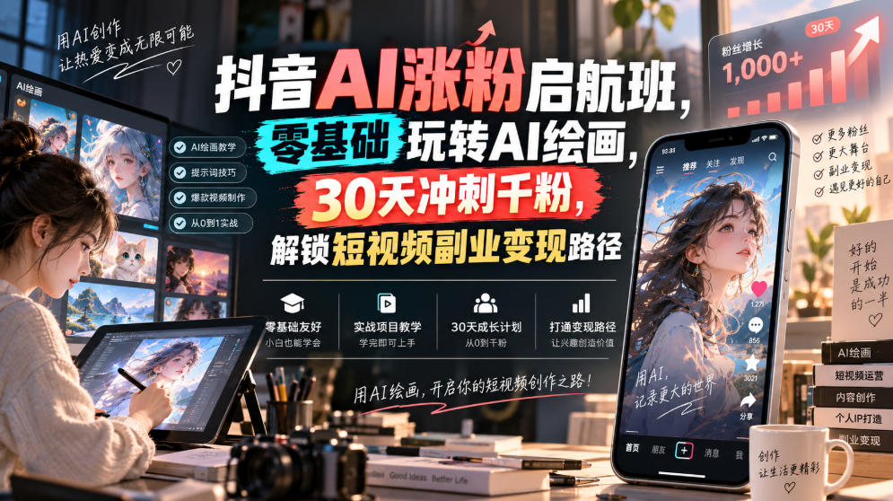 抖音AI涨粉启航班,零基础玩转AI绘画,30天冲刺千粉,解锁短视频副业变现路径-网赚副业网