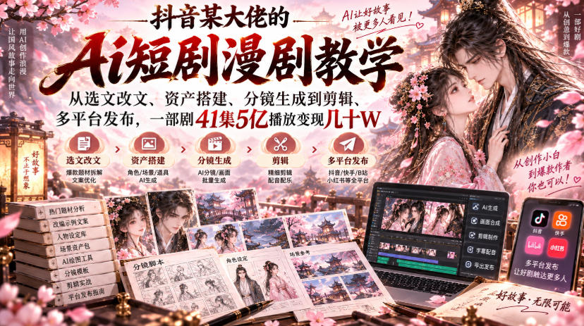 抖音某大佬的Ai短剧漫剧教学,从选文改文、资产搭建、分镜生成到剪辑、多平台发布,一部剧41集5亿播放变现几十W-网赚副业网