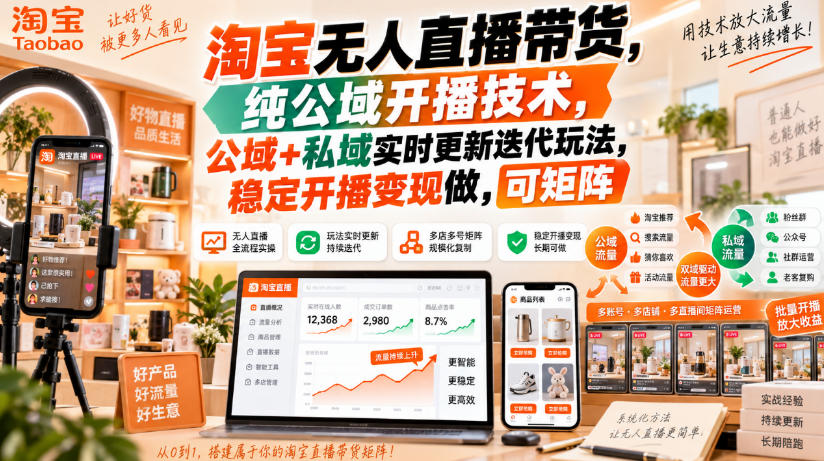 淘宝无人直播带货，纯公域开播技术，公域+私域实时更新迭代玩法，稳定开播变现做，可矩阵【揭秘】-网赚副业网