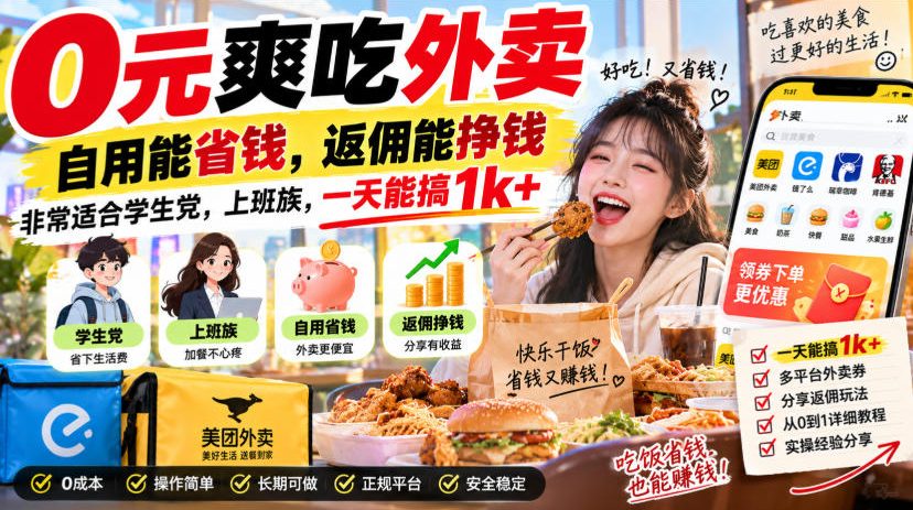 0元爽吃外卖,自用能省钱,返佣能挣钱,非常适合学生党,上班族,一天能搞1k+-网赚副业网