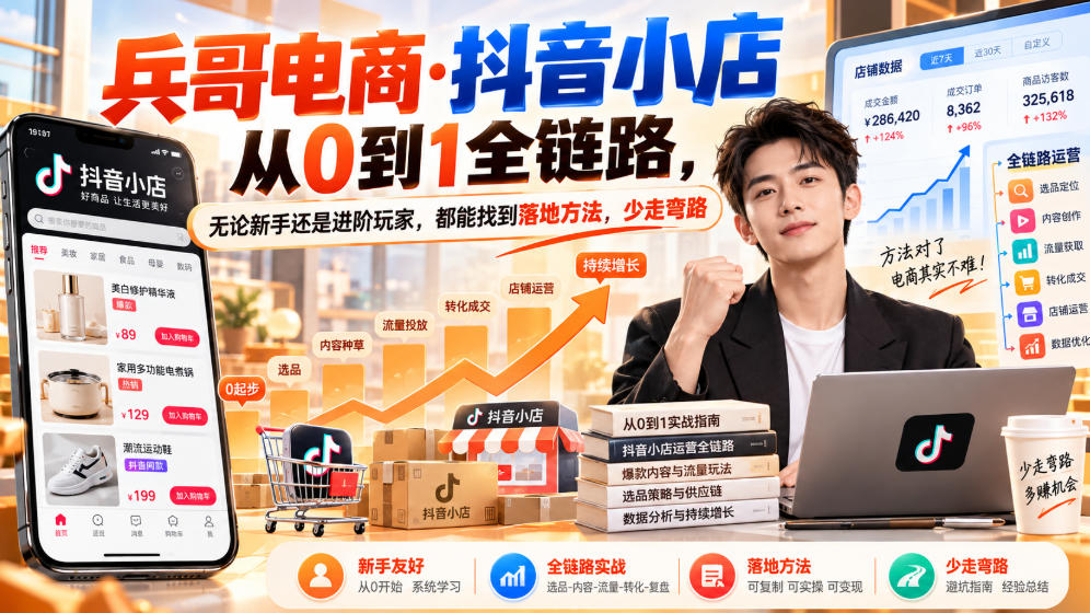 【无水印】兵哥电商·抖音小店从0到1全链路,无论新手还是进阶玩家,都能找到落地方法,少走弯路(更新9月)-网赚副业网