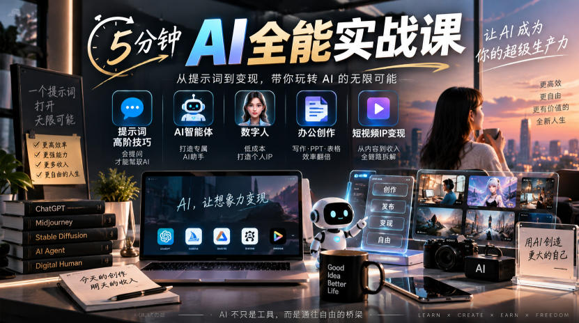 5分钟AI全能实战课|提示词高阶技巧+AI智能体+数字人+办公创作+短视频IP变现全教程-网赚副业网