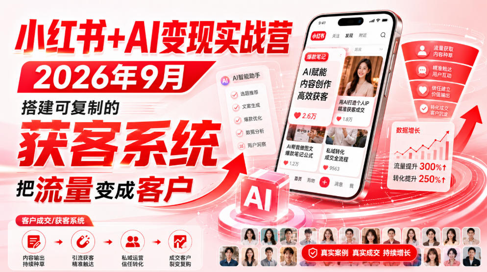 小红书+AI变现实战营2026年9月,搭建可复制的获客系统,把流量变成客户!-网赚副业网