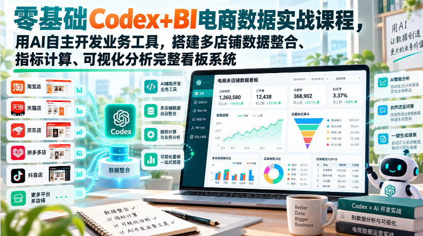零基础Codex+BI电商数据实战课程,用AI自主开发业务工具,搭建多店铺数据整合、指标计算、可视化分析完整看板系统-网赚副业网