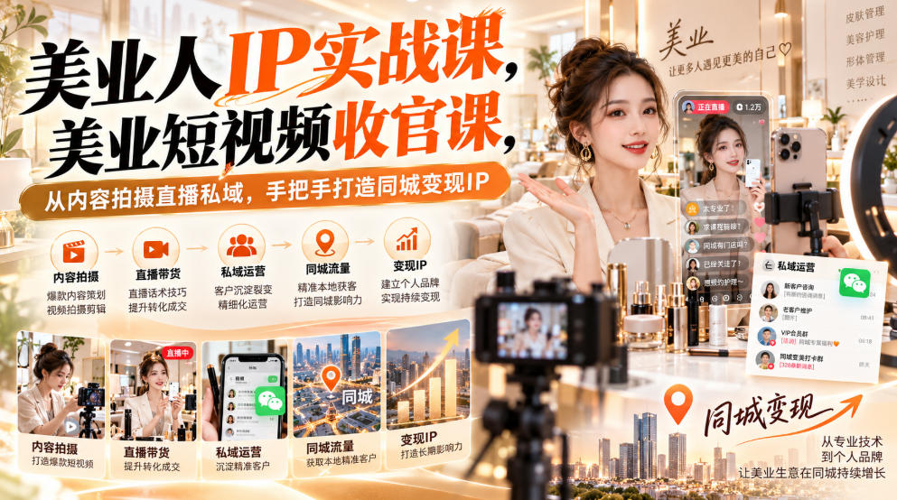【无水印】美业人IP实战课,美业短视频收官课,从内容拍摄直播私域,手把手打造同城变现IP-网赚副业网