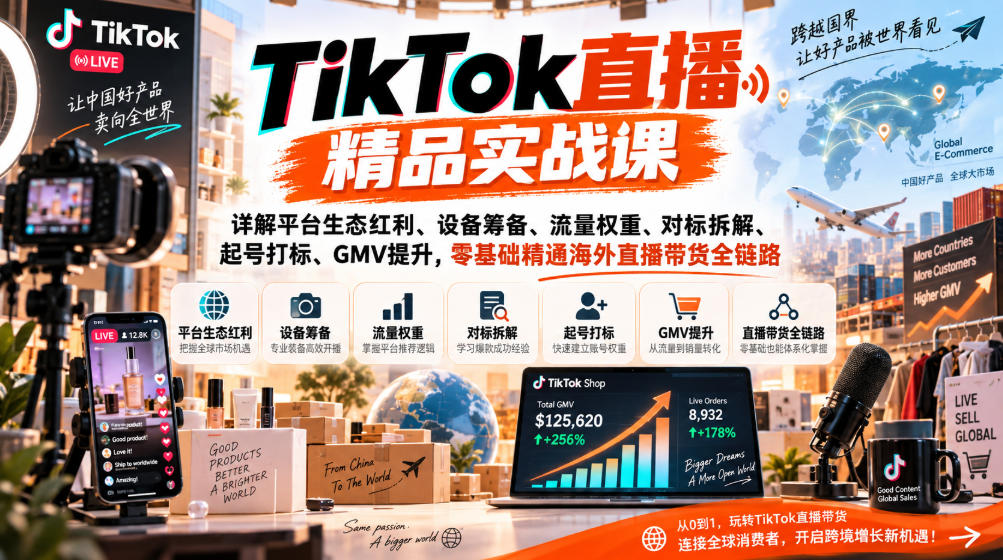 TikTok直播精品实战课,详解平台生态红利、设备筹备、流量权重、对标拆解、起号打标、GMV提升,零基础精通海外直播带货全链路-网赚副业网