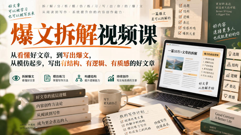 爆文拆解视频课，从看懂好文章，到写出爆文，从模仿起步，写出有结构、有逻辑、有质感的好文章-网赚副业网