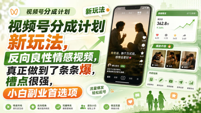视频号分成计划新玩法,反向良性情感视频,真正做到了条条爆,槽点很强,小白副业首选项-网赚副业网