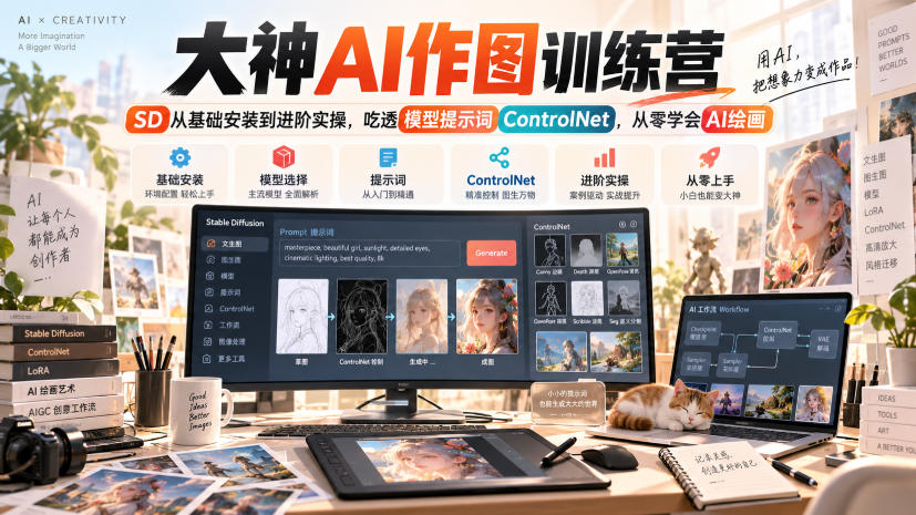 大神AI作图训练营,SD从基础安装到进阶实操,吃透模型提示词ControlNet,从零学会AI绘画插图 大神AI作图训练营,SD从基础安装到进阶实操,吃透模型提示词ControlNet,从零学会AI绘画插图