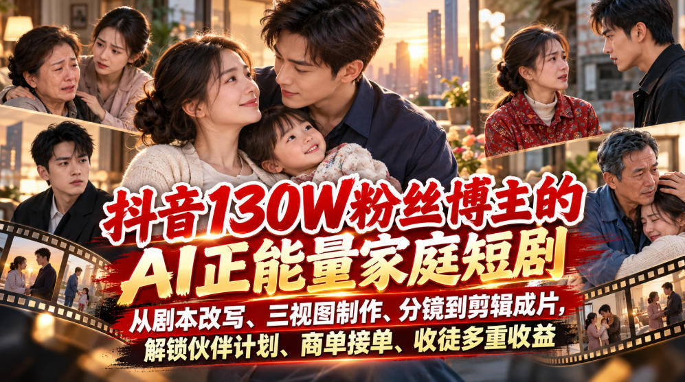 抖音130W粉丝博主的AI正能量家庭短剧，从剧本改写、三视图制作、分镜到剪辑成片，解锁伙伴计划、商单接单、收徒多重收益-网赚副业网