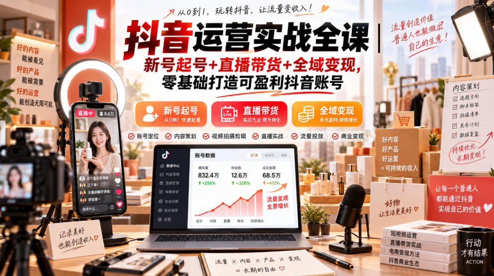 抖音运营实战全课|新号起号+直播带货+全域变现,零基础打造可盈利抖音账号插图 抖音运营实战全课|新号起号+直播带货+全域变现,零基础打造可盈利抖音账号插图
