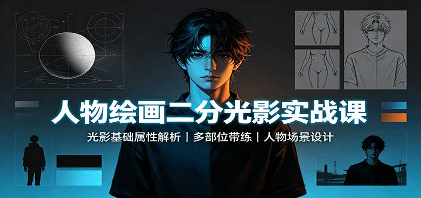 人物绘画二分光影实战课:光影基础属性解析,多部位带练,人物场景设计-网赚副业网