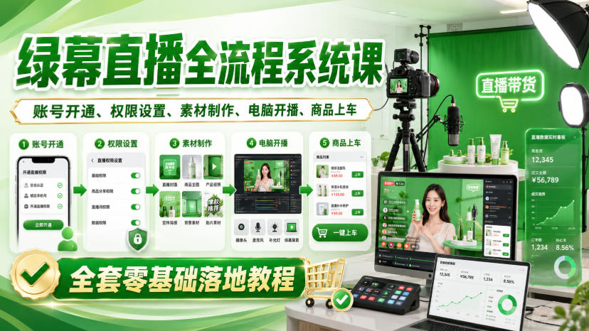 绿幕直播全流程系统课,账号开通、权限设置、素材制作、电脑开播、商品上车全套零基础落地教程-网赚副业网