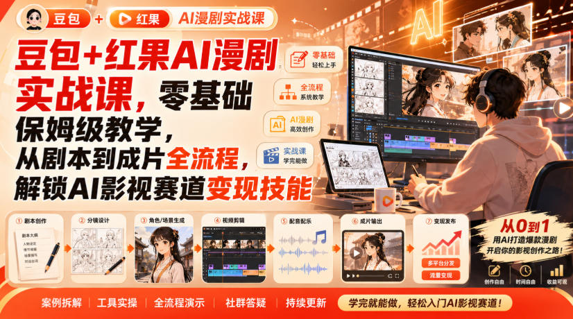 豆包+红果AI漫剧实战课,零基础保姆级教学,从剧本到成片全流程,解锁AI影视赛道变现技能-网赚副业网
