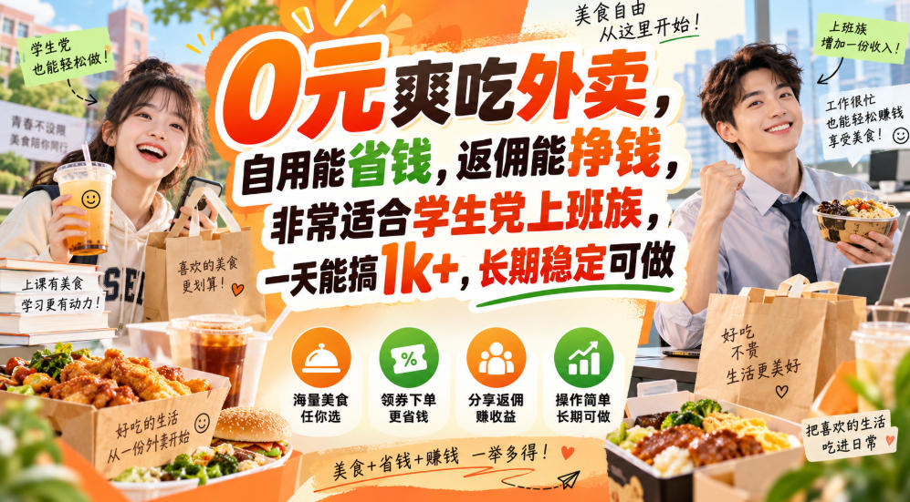 0元爽吃外卖，自用能省钱，返佣能挣钱，非常适合学生党上班族，一天能搞1k+，长期稳定可做-网赚副业网