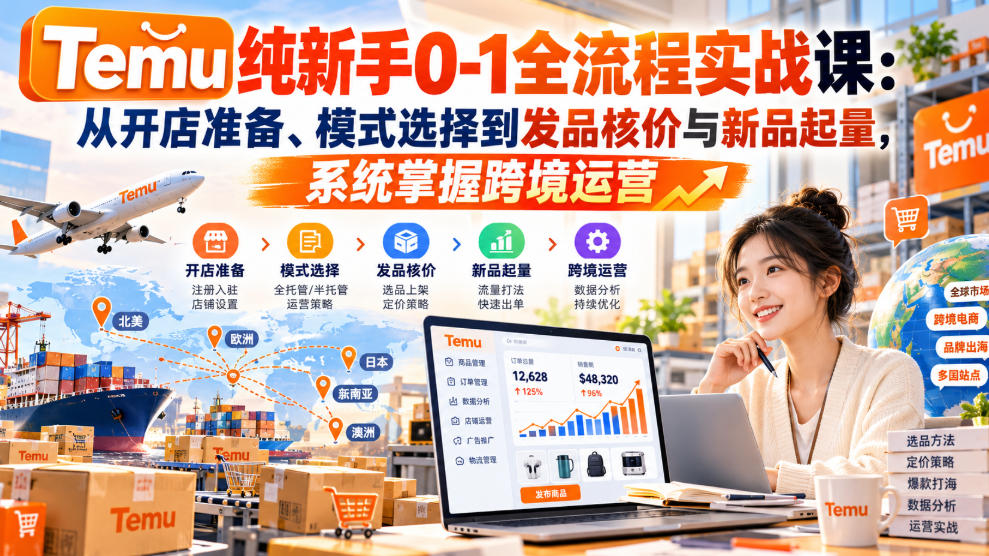 【无水印】Temu纯新手0-1全流程实战课：从开店准备、模式选择到发品核价与新品起量，系统掌握跨境运营-网赚副业网