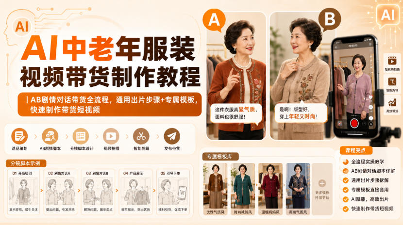 AI中老年服装视频带货制作教程|AB剧情对话带货全流程,通用出片步骤+专属模板,快速制作带货短视频-网赚副业网