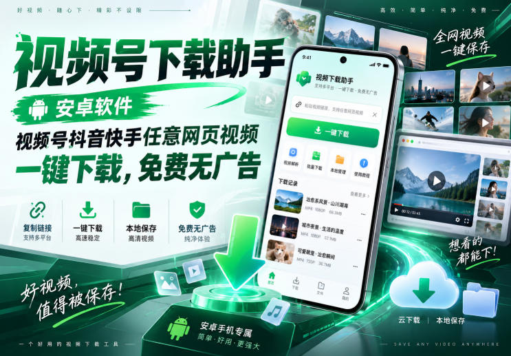视频号下载助手，安卓软件，视频号抖音快手任意网页视频，一键下载，免费无广告-网赚副业网