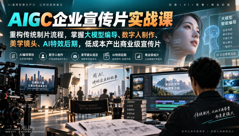AIGC企业宣传片实战课，重构传统制片流程，掌握大模型编导、数字人制作、美学镜头、AI特效后期，低成本产出商业级宣传片-网赚副业网