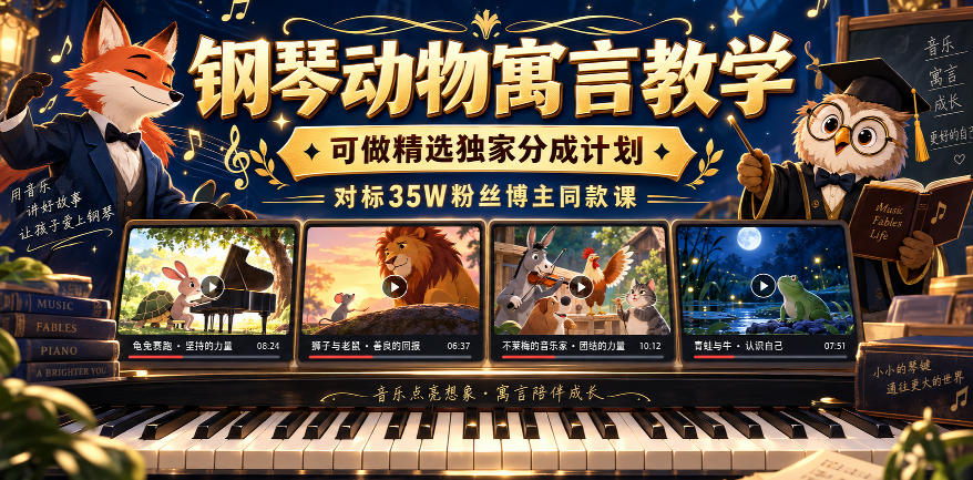 钢琴动物寓言教学，可做精选独家分成计划，对标35W粉丝博主同款课-网赚副业网