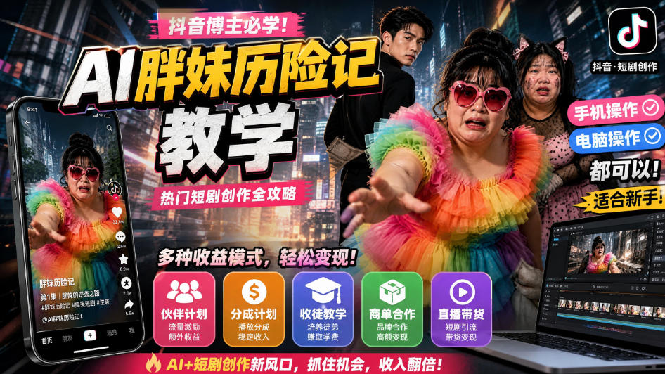 抖音博主的AI胖妹历险记教学，伙伴计划+分成计划+收徒+商单等多种收益，适合新手，手机电脑都可以操作-网赚副业网