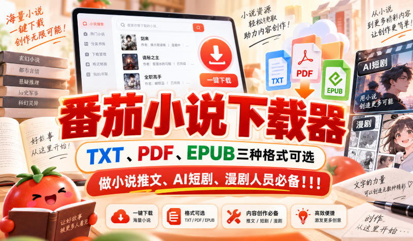 番茄小说下载器,TXT、PDF、EPUB三种格式可选,做小说推文、AI短剧、漫剧人员必备!!!-网赚副业网