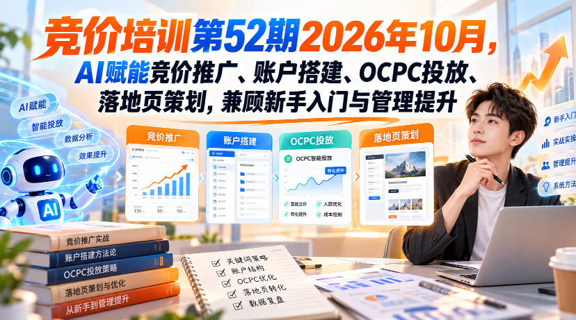 【无水印】竞价培训第52期2026年10月，AI赋能竞价推广、账户搭建、OCPC投放、落地页策划，兼顾新手入门与管理提升-网赚副业网