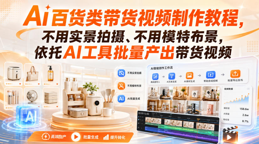 Ai百货类带货视频制作教程,不用实景拍摄、不用模特布景,依托AI工具批量产出带货视频-网赚副业网