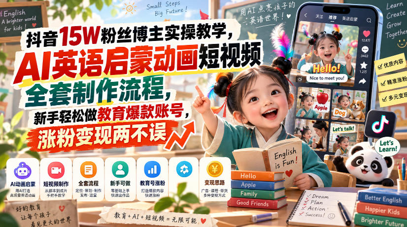 抖音15W粉丝博主实操教学,AI英语启蒙动画短视频全套制作流程,新手轻松做教育爆款账号,涨粉变现两不误-网赚副业网