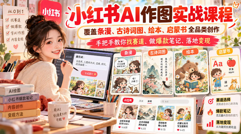 小红书AI作图实战课程,覆盖条漫、古诗词图、绘本、启蒙书全品类创作,手把手教你找赛道、做爆款笔记、落地变现-网赚副业网
