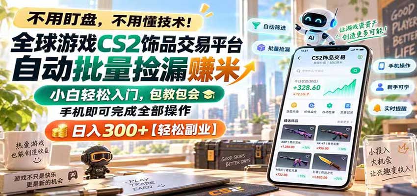全球游戏CS2饰品交易平台自动批量捡漏赚米，手机即可完成全部操作，日入300+-网赚副业网