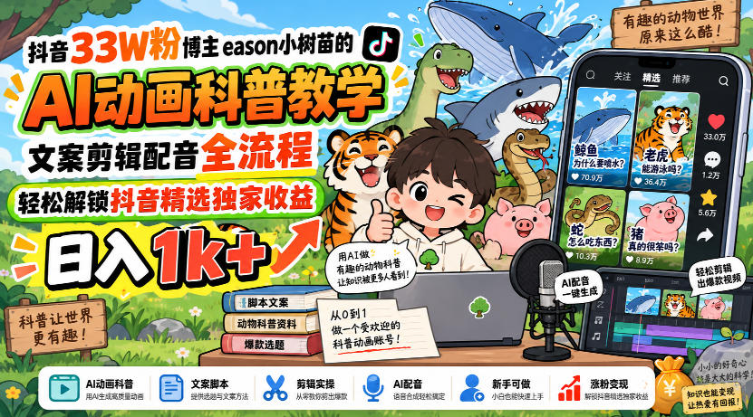抖音33W粉博主eason小树苗的AI动画科普教学,文案剪辑配音全流程,轻松解锁抖音精选独家收益,日入1k+-网赚副业网