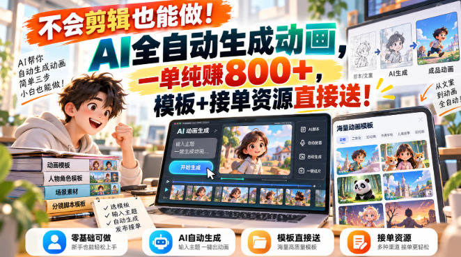 不会剪辑也能做！AI全自动生成动画，一单纯賺800+，模板+接单资源直接送！【揭秘】-网赚副业网