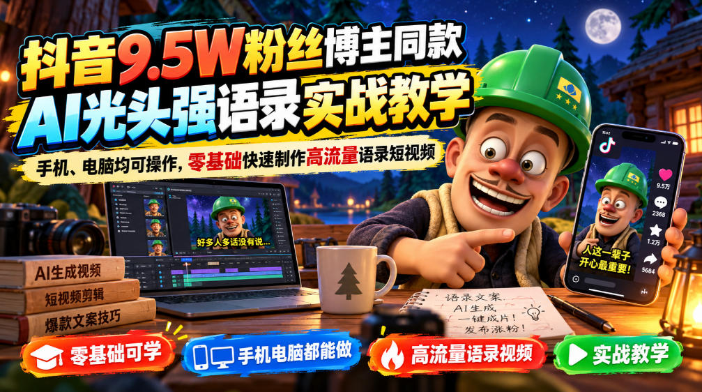 抖音9.5W粉丝博主同款AI光头强语录实战教学,手机、电脑均可操作,零基础快速制作高流量语录短视频-网赚副业网