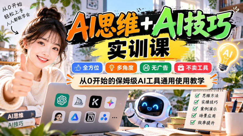 AI思维+AI技巧实训课,全方位、多角度、无广告、不卖工具,从0开始的保姆级AI工具通用使用教学-网赚副业网