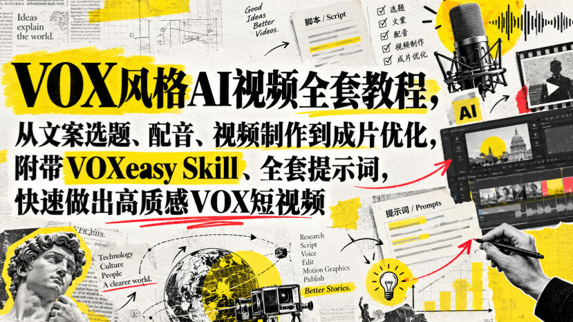 VOX风格AI视频全套教程,从文案选题、配音、视频制作到成片优化,附带VOXeasy Skill、全套提示词,快速做出高质感VOX短视频-网赚副业网