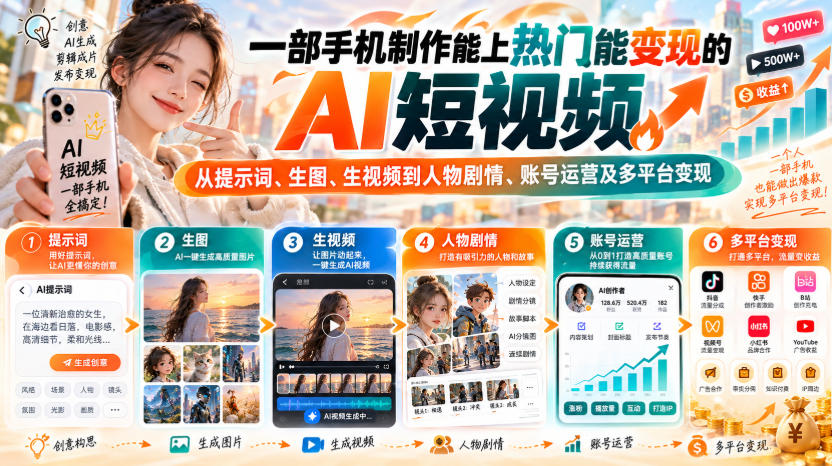 【无水印】一部手机制作能上热门能变现的AI短视频,从提示词、生图、生视频到人物剧情、账号运营及多平台变现-网赚副业网