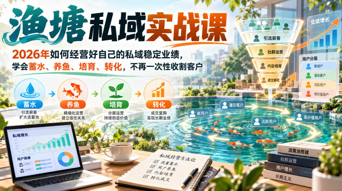 渔塘私域实战课，2026年如何经营好自己的私域稳定业绩，学会蓄水、养鱼、培育、转化，不再一次性收割客户-网赚副业网