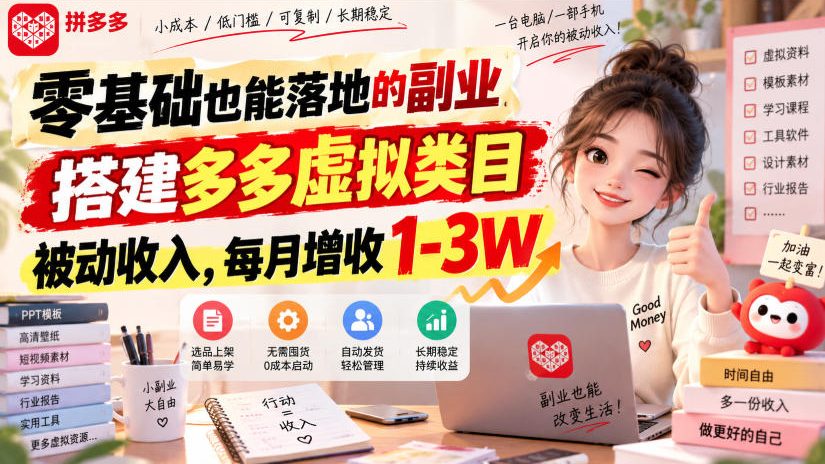 零基础也能落地的副业，搭建多多虚拟类目被动收入，每月增收1-3W【揭秘】-网赚副业网