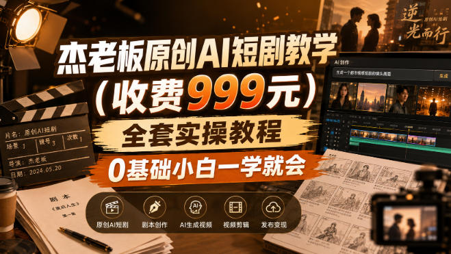 杰老板原创AI短剧教学（收费999元），全套实操教程，0基础小白一学就会，非搬运技术-网赚副业网