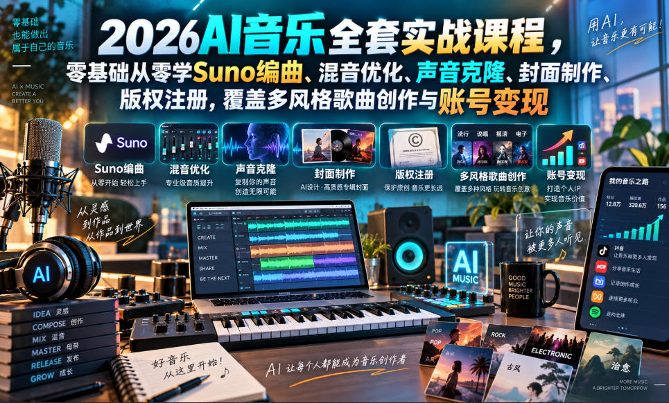 2026AI音乐实战课程,零基础从零学Suno编曲、混音优化、声音克隆、版权注册,覆盖多风格歌曲创作与账号变现-网赚副业网