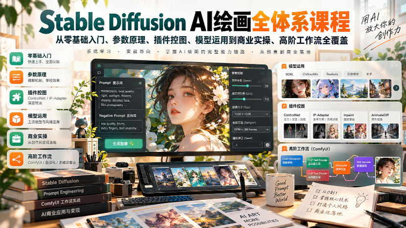 【无水印】Stable Diffusion AI绘画全体系课程,从零基础入门、参数原理、插件控图、模型运用到商业实操、高阶工作流全覆盖-网赚副业网