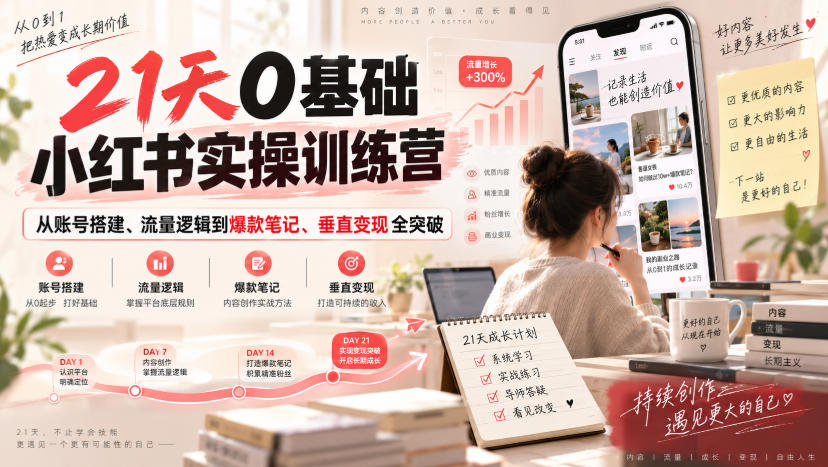 21天0基础小红书实操训练营|从账号搭建、流量逻辑到爆款笔记、垂直变现全突破-网赚副业网