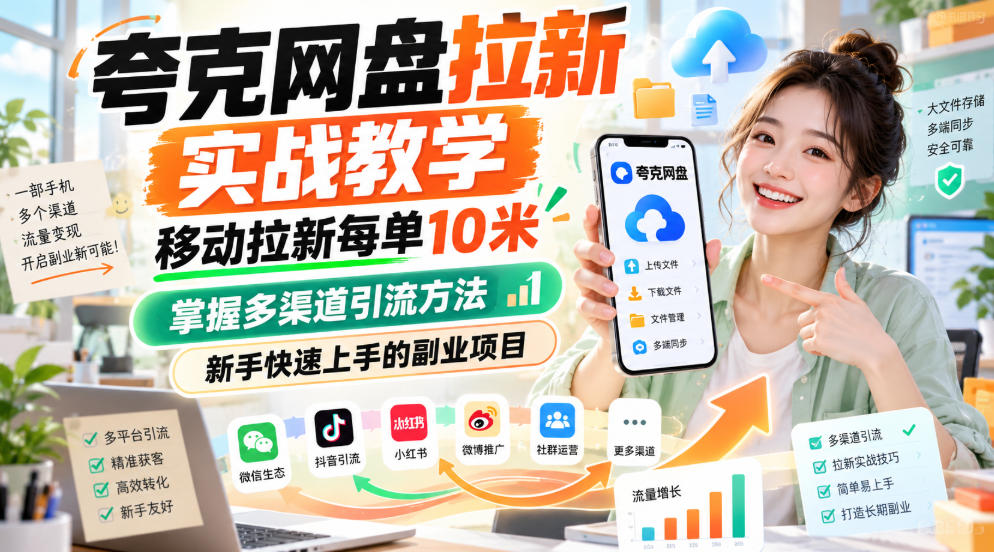 夸克网盘拉新实战教学,移动拉新每单10米,掌握多渠道引流方法,新手快速上手的副业项目-网赚副业网