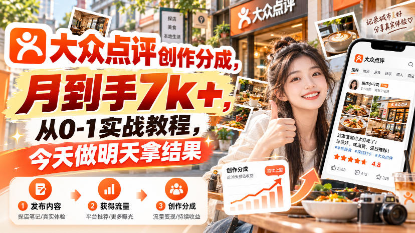 大众点评创作分成，月到手7k+，从0-1实战教程，今天做明天拿结果-网赚副业网