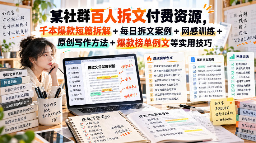 某社群百人拆文付费资源,千本爆款短篇拆解+每日拆文案例+网感训练+原创写作方法+爆款榜单例文等实用技巧(持续更新)-网赚副业网