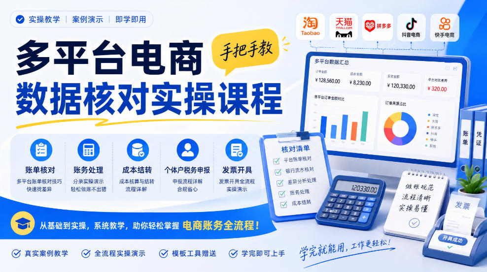 多平台电商数据核对实操课程,手把手教账单核对、账务处理、成本结转、个体户税务申报与发票开具-网赚副业网