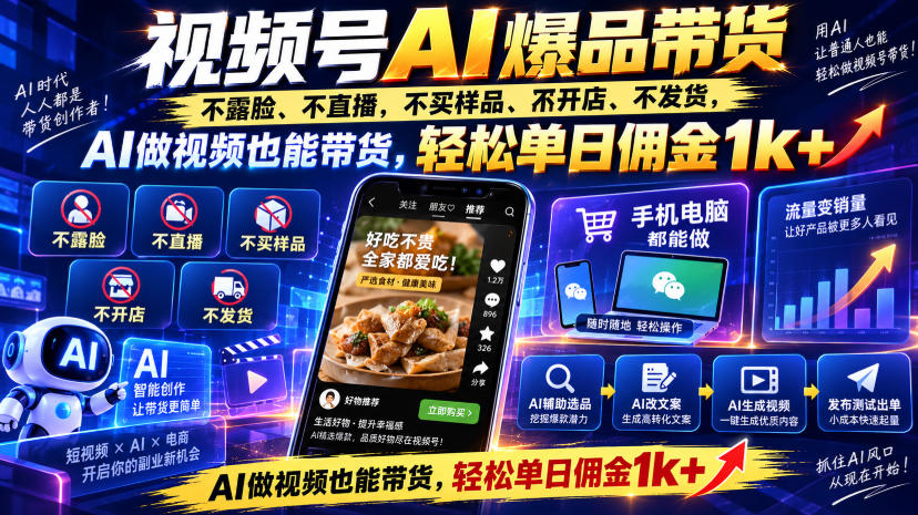 视频号Ai爆品带货,不露脸、不直播、不买样品、不开店、不发货,AI做视频也能带货,轻松单日佣金1k+-网赚副业网