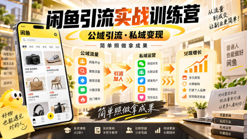闲鱼引流实战训练营,公域引流·私域变现,简单照做拿成果-网赚副业网