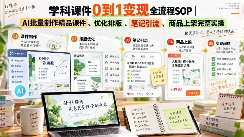 学科课件0到1变现全流程SOP|AI批量制作精品课件、优化排版、笔记引流、商品上架完整实操-网赚副业网